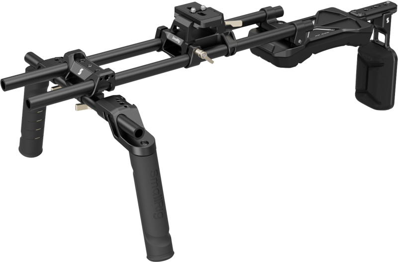 The SmallRig 4480 Shoulder Rig Kit Classic Version is a black camera shoulder rig with two front handles, adjustable bars, a shoulder pad and mounting points for stabilizing and supporting video cameras when shooting from the arm.