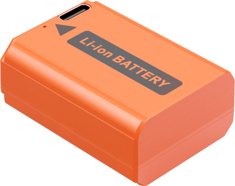 SmallRig 4965 USB-C ladattava kamera-akku NP-FW50 on oranssi suorakulmainen litiumioniakku, jossa on musta "Li-ion BATTERY" -merkintä ja latausportti toisessa päässä.