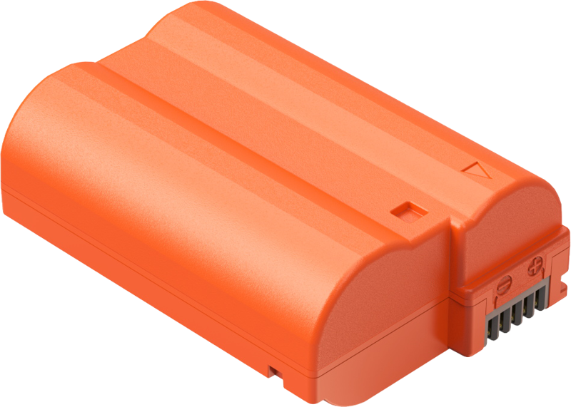 SmallRig 4966 USB-C ladattava kamera-akku EN-EL15c on oranssi akkupaketti, jossa on pyöristetyt reunat, liitäntäportti toisessa päässä ja harjanteet yläpinnalla.