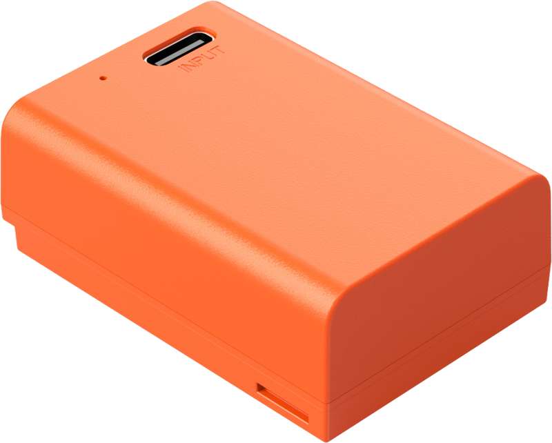 The SmallRig 4967 USB-C Rechargeable Camera Battery EN-EL25 is an orange rectangular device with a USB-C input marked INPUT and a small LED indicator light on top.