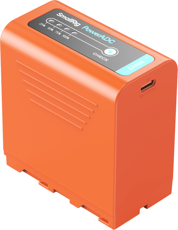 Oranssissa suorakaiteen muotoisessa SmallRig 4972 USB-C ladattavassa kamera-akussa NP-F970 on latauksen merkkivalo, CHECK-painike ja USB-C-portti oikeassa yläkulmassa.