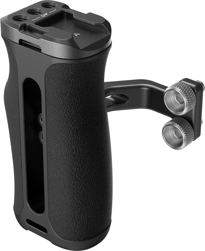 The SmallRig 4756 Mini Side Handle with 1/4"-20 Screws is a black, textured ergonomic camera handle with two silver knobs on a metal bracket designed to be attached to camera or video equipment.