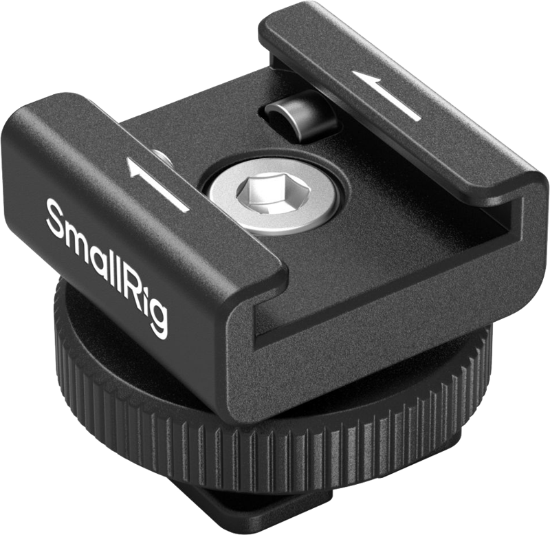 The SmallRig 4822 Wireless Microphone Support with Cold Shoe Mount is a black accessory with a brushed tension wheel, centre screw and directional sleeves for easy attachment.