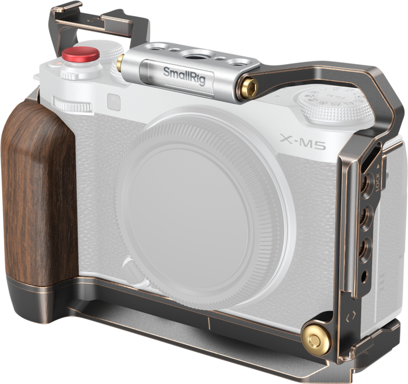 The SmallRig 4892 Retro Cage for Fujifilm X-M5 features a wooden handle, sturdy metal frame, SmallRig-branded top handle and multiple mounting points. The camera is visible in a semi-transparent view.