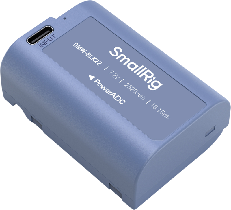 The SmallRig 4906 USB-C Rechargeable Camera Battery DMW-BLK22 is grey, has a USB-C input connector and has specifications at the top: 7.2 V, 2520 mAh and 18.1 Wh capacity.
