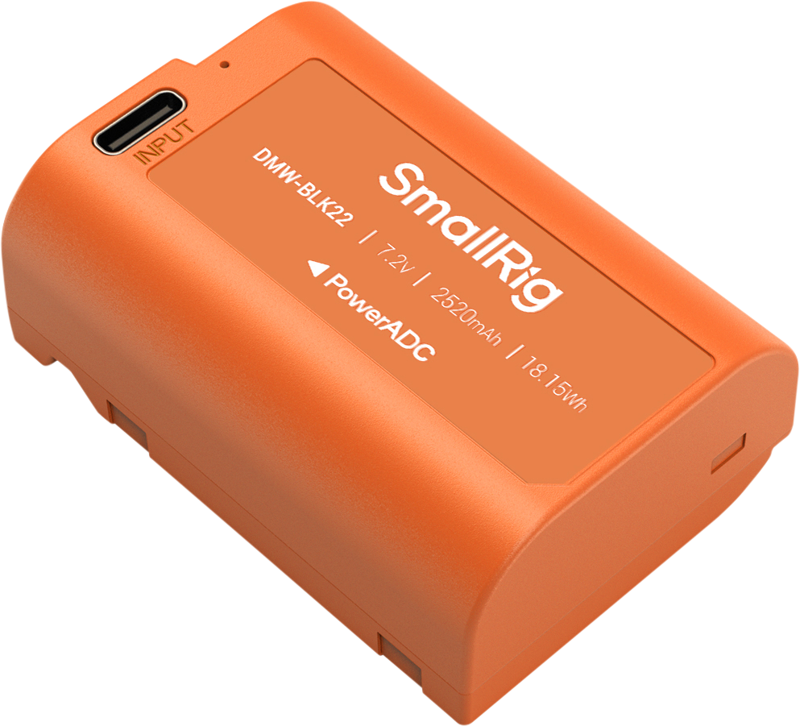 Orange SmallRig 4979 USB-C rechargeable camera battery DMW-BLK22, 7.2V, 2520mAh, 18.15Wh with PowerADC and USB-C input interface.