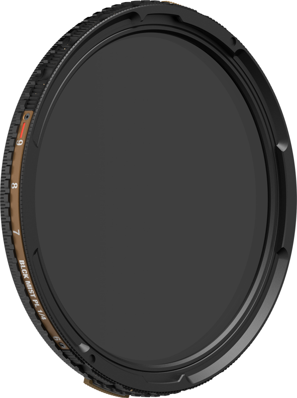 The PolarPro Croma PMVND / PL / Black Mist 6-9 Stop 49mm filter features a round design with a textured black border, adjustment wheel and edge markings, displayed at an angle against a plain light background.