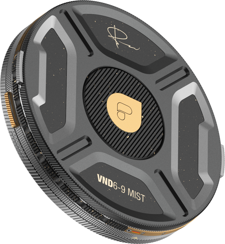 Lähikuva PolarPro Helix 6-9 Stop PMVND / Mist Filter -suodattimesta, joka on musta-kultainen pyöreä linssisuodatin, jossa on kuvioidut urat, kultainen logo ja allekirjoitus yläosassa, merkintä VND 6-9 MIST.