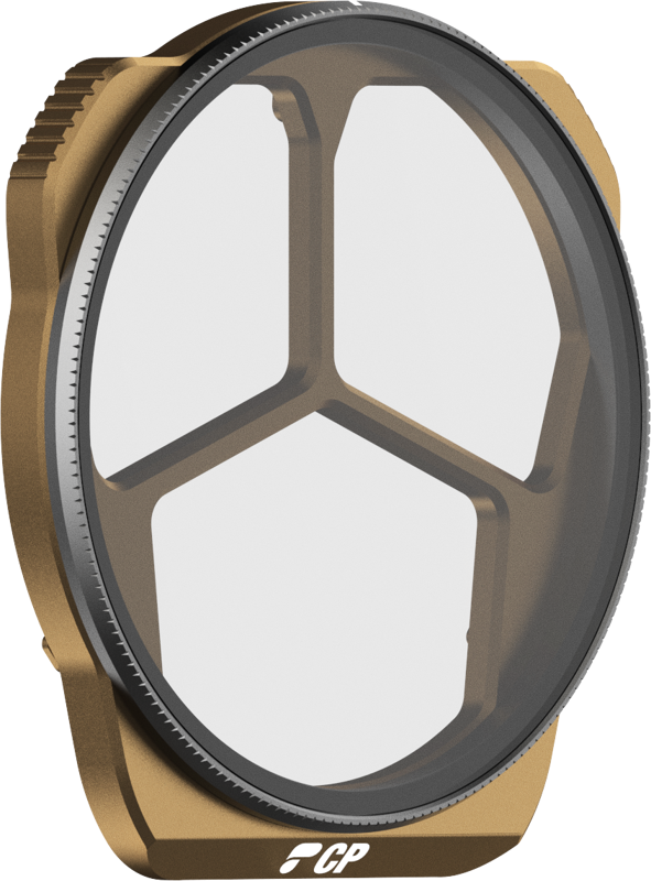 The PolarPro DJI Mavic 3 Pro Circular Polarizer CP features a gold circular bezel, a transparent centre divided by three circles, a textured edge and the CP logo at the bottom.