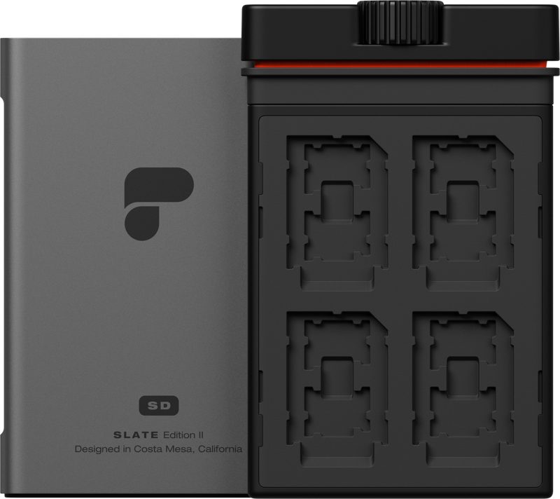 Grey, rectangular PolarPro memory card case Slate SD Edition II Mountain with black latch, partially open to reveal four SD card slots. The case features the SD logo and reads "SLATE Edition II Designed in Costa Mesa, California.