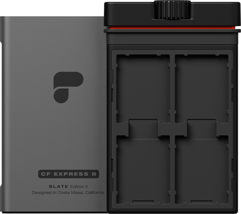 The grey PolarPro memory card case Slate CFEB Edition II Mountain has a partially opening sliding lid, revealing four memory card slots. The case has a modern, minimalist design.