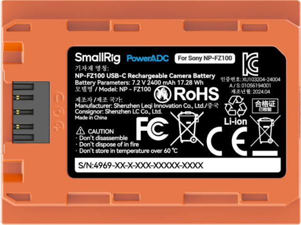 SmallRig 4969 USB-C Rechargeable Camera Battery NP-FZ100