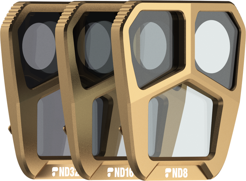 Three gold-coloured rectangular filters from the PolarPro DJI Mavic 3 Pro Shutter Collection, labelled ND32, ND16 and ND8, appear one on top of the other, each with two transparent sections.