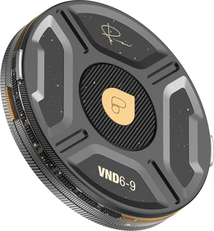 The PolarPro Helix 6-9 Stop PMVND filter is a stylish, round camera lens filter with a black and gold signature and logo on the front, textured metallic design and mottled gold accents.