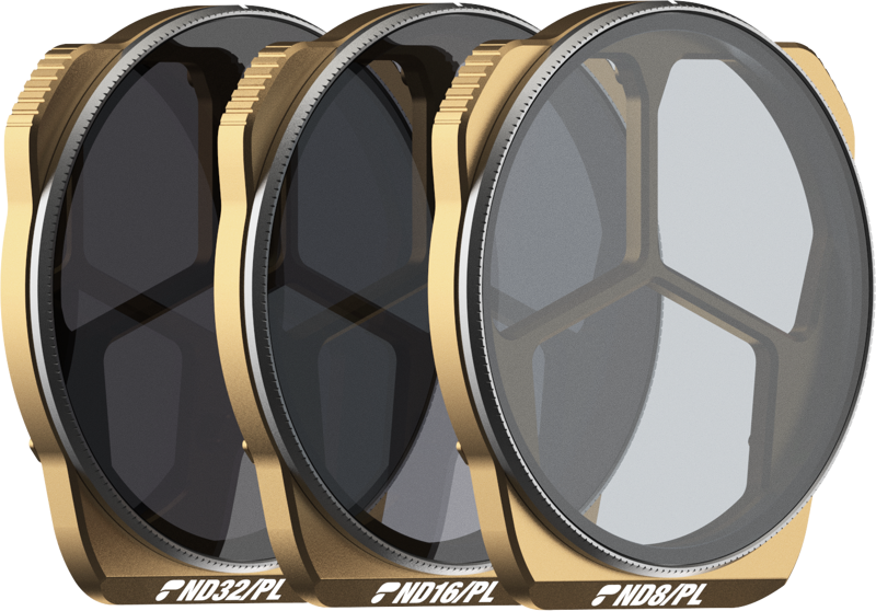 The three PolarPro DJI Mavic 3 Pro Vivid Collection gold-coloured filters, labelled ND32/PL, ND16/PL and ND8/PL, feature tinted polarised glass and distinctive brushed gold edges.