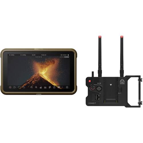 ATOMOS Ninja Ultra ja ATOMOS Connect Bundle, joissa on musta ja kultainen kosketusnäyttö, jossa näkyy tulivuorenpurkaus, ja musta langaton kaksoisantennilähetin, näkyvät vaaleanharmaalla pohjalla.