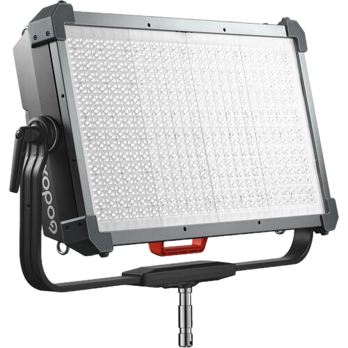 The Godox KNOWLED P1200R Hard RGB Panel Luminaire is a large rectangular LED panel with a grid of small lamps, mounted on a U-shaped bracket with control knobs and stand mounting.