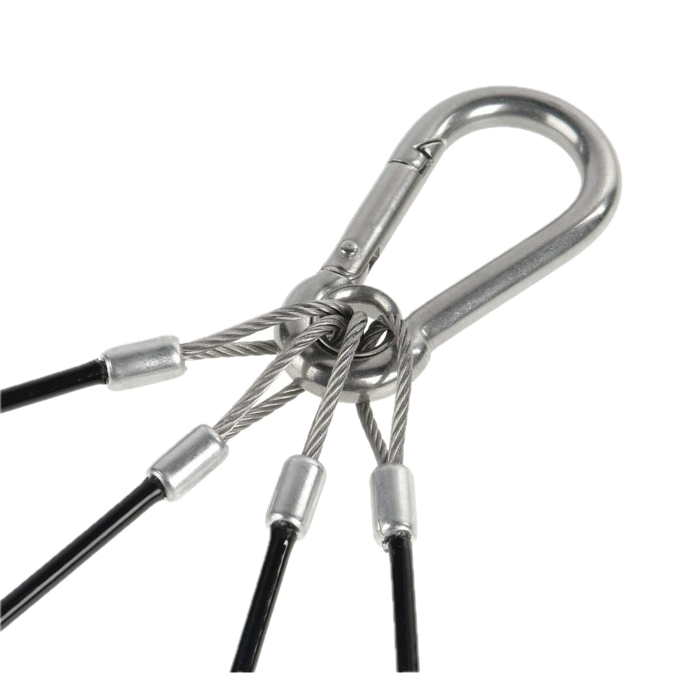 A close-up of the Godox SCH01 Hanging Wire for P600Bi Hard Panel Light shows its metal carabiner attached to a ring, connecting four steel cables with protective ends against a white background.