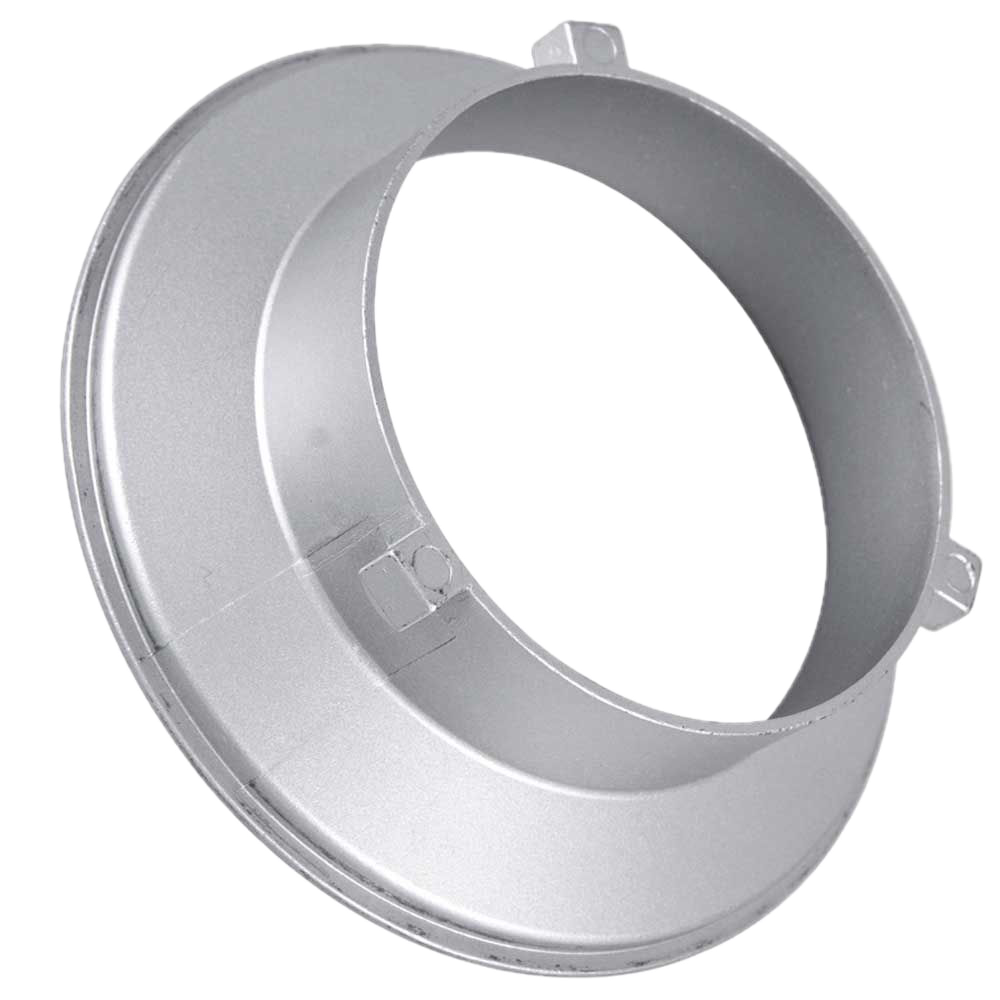 Godox Softbox Adapter Bowens 114cm on metallinen, pyöreä rengas, jossa on leveä litteä reuna, avoin keskikohta ja pienet kiinnityskielekkeet reunalla. Se näkyy tavallisella, vaalealla taustalla.