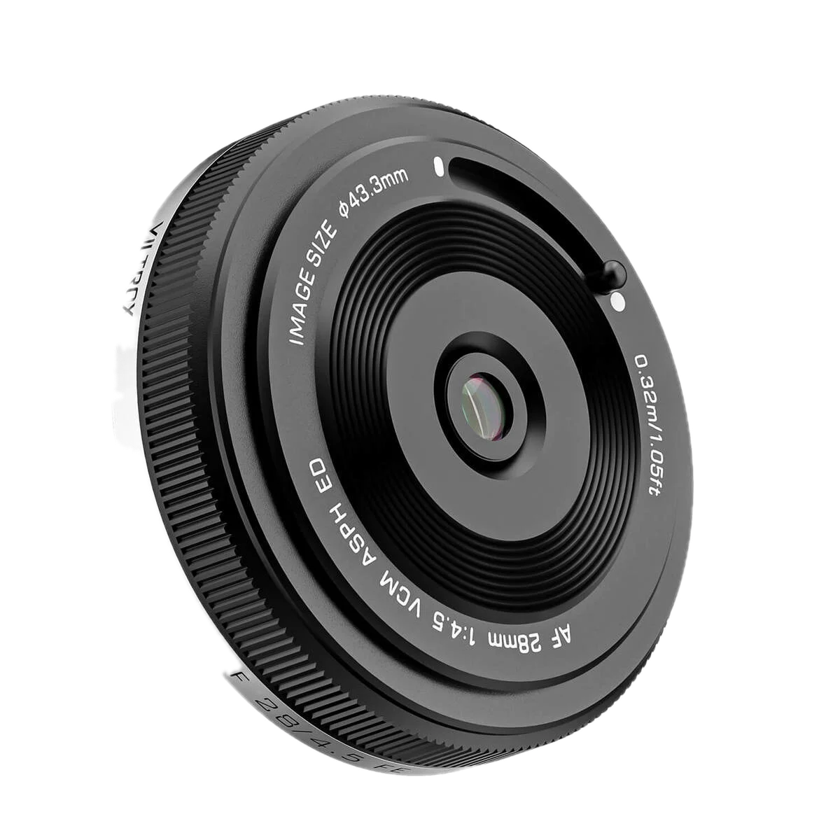 Lähikuva Viltrox AF 28mm f/4.5 -objektiivi Sony E:lle, jossa näkyy valkoiset tekniset tiedot ja mittausmerkinnät mustassa objektiivin tynnyrissä valkoista taustaa vasten.