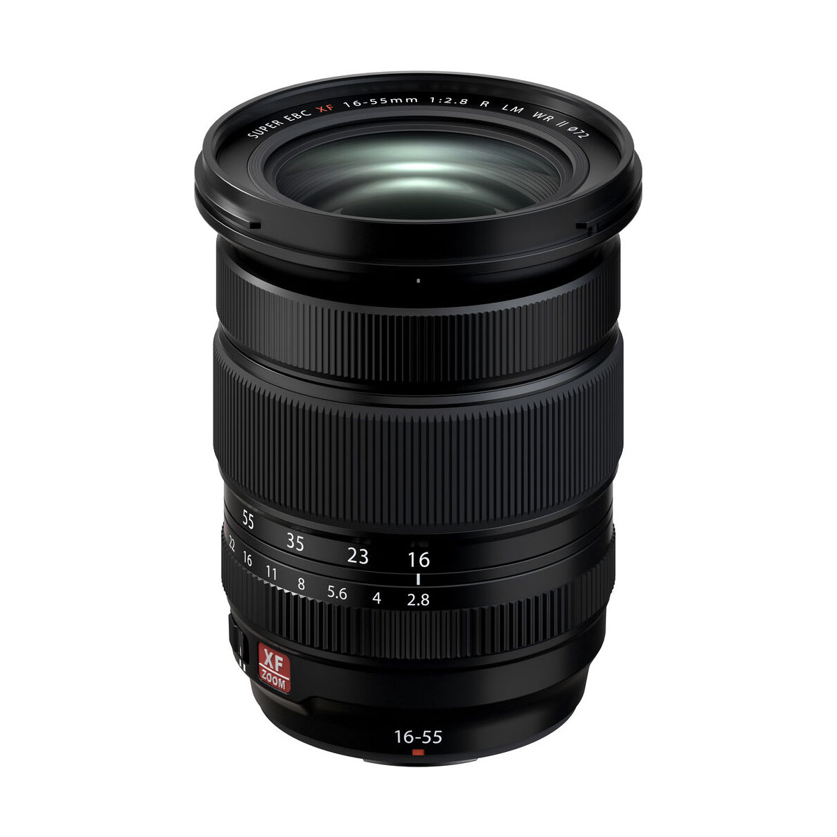 The black Fujifilm Fujinon XF 16-55mm f/2.8 R LM WR II lens stands upright on a white background, with selection dials, lens markings and the red XF logo near the bottom.