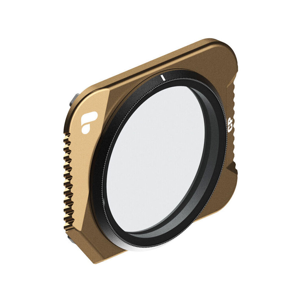 The PolarPro Mavic 3 Classic Circular Polarizer is a rectangular, metallic gold camera lens filter with a circular glass center and textured edges, designed for easy attachment to drones or cameras.