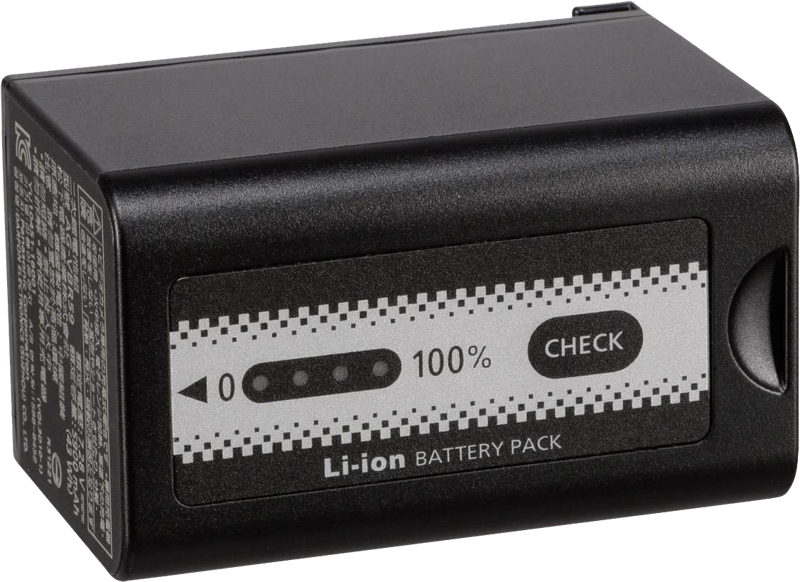 The Panasonic AG-VBR59E battery is a rectangular black Li-ion pack with a label with a battery indicator light (0-100 %), three dots, a CHECK button and white and grey printed text and symbols.