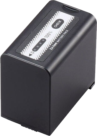 The Panasonic AG-VBR89G battery is a rectangular black lithium-ion battery with a power check button on the top label, LED indicator lights and 100 %. It is shown vertically on its shorter side.