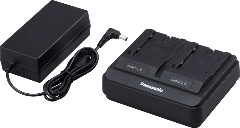 Panasonicin kaksoisakkulaturi AG-BRD50E AG-VBR-sarjan akuille on kuvassa mustana, ja siinä on kaksi latauspaikkaa, joissa on merkinnät CHARGE 1 ja CHARGE 2. Kuvassa on verkkolaite ja kaapeli vaalealla pohjalla.