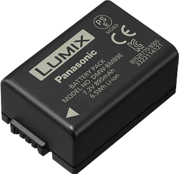 Panasonicin akku DMW-BMB9E on musta suorakaiteen muotoinen 7,2 V, 895 mAh, 6,5 Wh akku, jossa on sertifiointi- ja turvallisuusmerkinnät.
