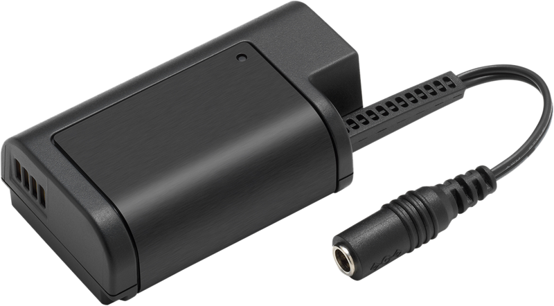 The Panasonic DMW-DCC16GU DC Coupler is a black rectangular coupler with a short cable that terminates in a female connector with a light-coloured base.