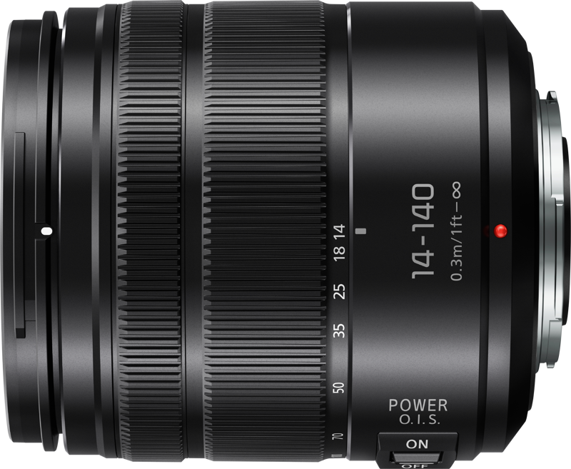 Panasonic Lumix G Vario 14-140mm f/3.5-5.6 II ASPH Power O.I.S. -objektiivi, musta, kuvioiduilla kahvarenkailla, merkintä 14-140mm, siinä on POWER O.I.S. on/off -kytkin ja etäisyysmerkinnät metreinä ja jalkoina.
