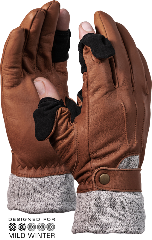 Vallerret Urbex Photography Glove - Brown XS -valokuvauskäsineessä on ruskeaa nahkaa, harmaat neulotut hihansuut ja mustaa kangasta paljastavat sormenpään aukot. Tekstissä lukee: Designed for Mild Winter with snowflake icons.