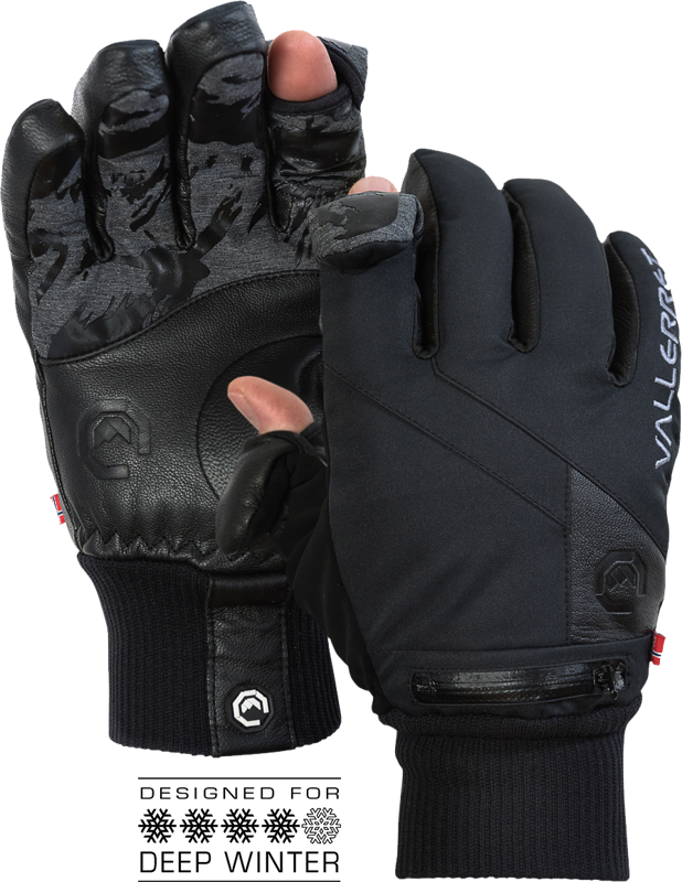 Vallerret Ipsoot Photography Glove - XS on musta talvikäsine, jossa on vahvistetut kämmenet, kuvioidut sormet ja vetoketjullinen takatasku. Merkintä "DESIGNED FOR DEEP WINTER" ja korostettu kolmella lumihiutalekuvakkeella.