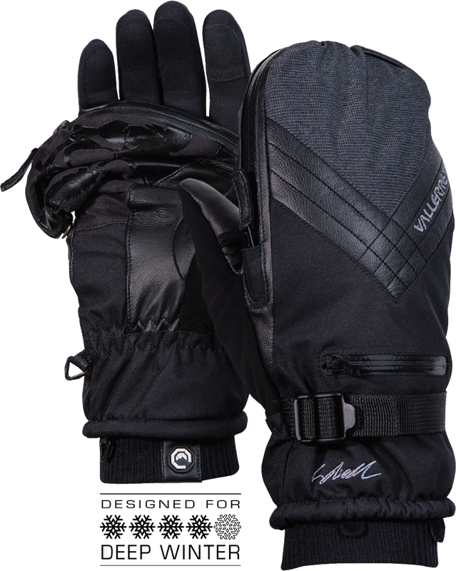 Pari mustaa Vallerret Skadi Zipper Mitt PSP - Black XS -käsineitä, joissa on säädettävät rannelenkit, kuvioidut kämmenet, vetoketjullinen tasku ja "Designed for Deep Winter" sekä kolme lumihiutalekuvaketta alla.