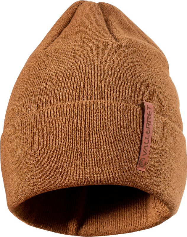 Vallerret Beanie Stash - Caramel on ruskea neulottu pipo, jossa on taitettu lippa ja pieni kangasmerkki, jossa on merkintä VALLERRET.
