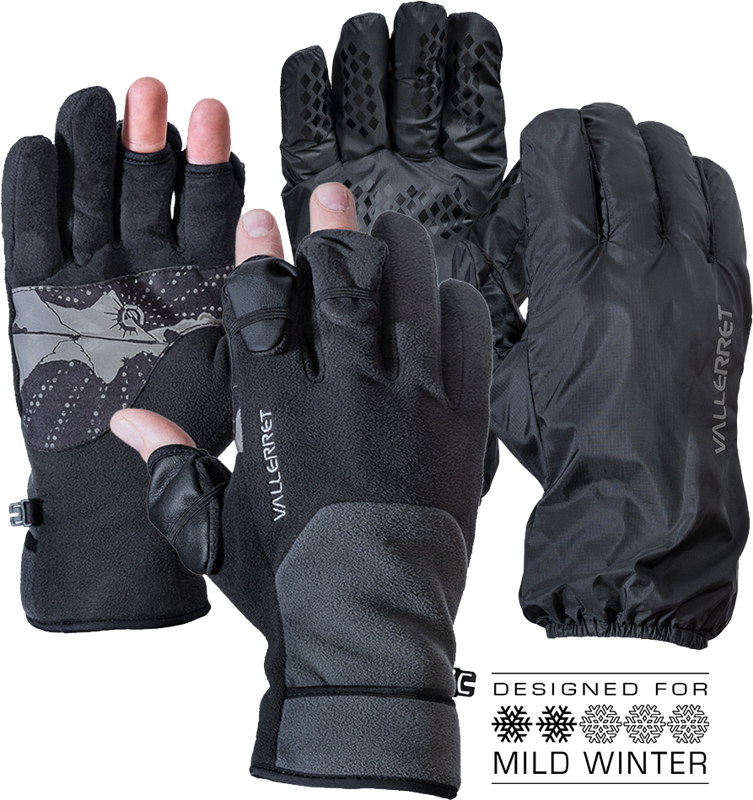 The picture shows four black and grey Vallerret Milford Fleece Gloves (XS) - two with a patterned front and two with a waterproof back. The icons and label show that these gloves are designed for mild winter conditions.