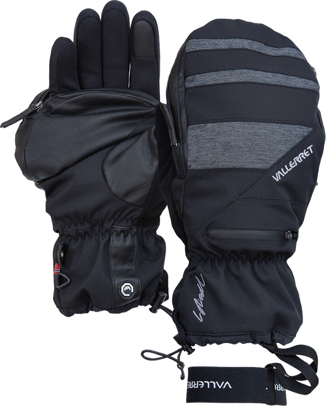 800q-01_121316 Pari Vallerret Skadi Zipper Mitt LRS - Black XS -käsineitä, joista toisessa kämmen ylöspäin, jossa näkyy pitotekstiili ja vetoketjutasku, toisessa takana harmaat raidat, allekirjoitus, joustava ranne ja säädettävä hihna.