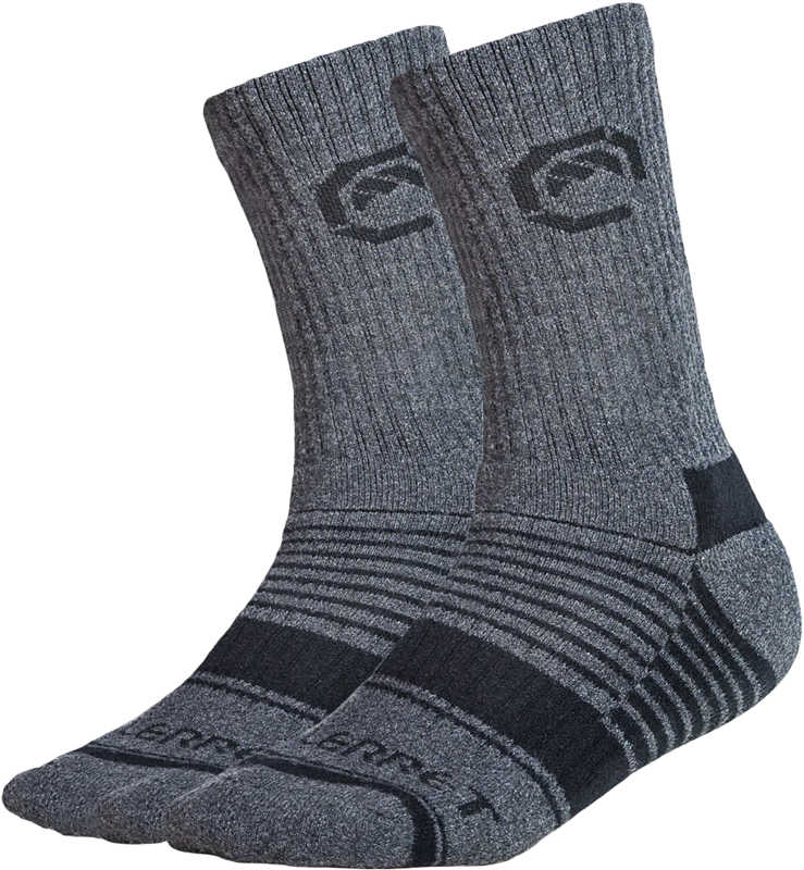 Vallerret Merino Wool Crew Sock - Grey Winter (36-40) on harmaa, puoliväliin ulottuva sukka, jossa on uurrettu hihansuu, tummat korostukset, logo lähellä yläosaa, kuvioitu kuviointi ja vahvistetut varpaat ja kantapäät lisäävät mukavuutta ja kestävyyttä.