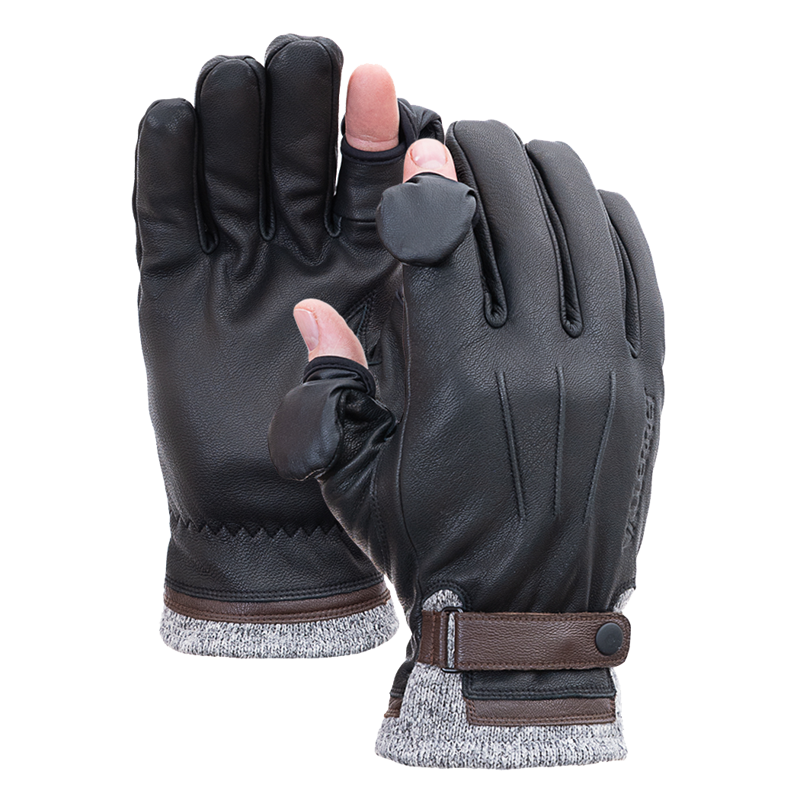 800q-01_129010 Vallerret Duke Photography Glove - XS on kuvassa mustaa nahkaa ruskeilla hihnoilla ja harmailla neulotuilla hihansuilla. Peukalon ja etusormen kärkisuojukset kääntyvät taaksepäin ja kiinnittyvät, jolloin sormet tulevat näkyviin. Sekä kämmen- että selkänäkymät näytetään.