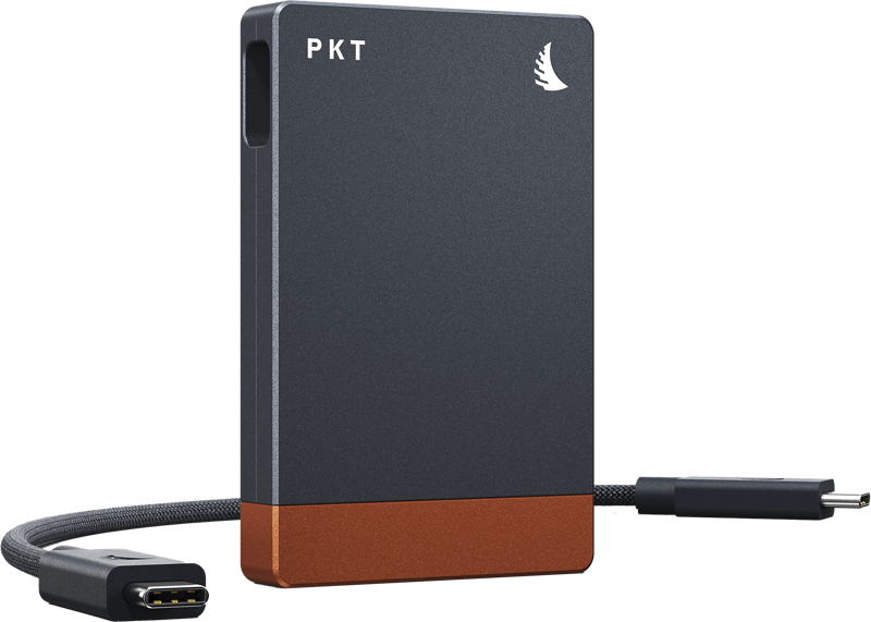 Tyylikäs, suorakulmainen Angelbird Cardreader PKT - CFexpress 2.0 Type A, jossa on kuparinen pohja, valkoinen lintulogo ja liitetty USB-C-kaapeli, on sijoitettu yksinkertaista taustaa vasten.