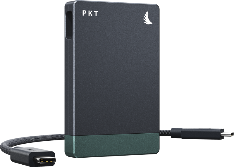 Angelbird Cardreader PKT - SD 4.0/SDXC -muistikortinlukija on pienikokoinen, suorakulmainen, mustan ja vihreän värinen laite, jossa on lintulogo ja liitetty USB-C-kaapeli, kuvassa vaaleanharmaalla pohjalla.