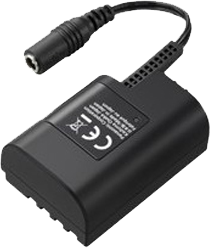 The Panasonic DMW-DCC12 DC Coupler is a black camera battery coupler with power cord and plug, with safety and certification symbols on the surface.