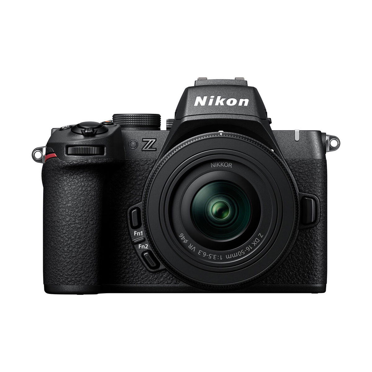 The Nikon Z50 II + Nikkor Z 16-50mm f/3.5-6.3 VR is shown from the front, highlighting the lens, grip, control buttons and the Nikon logo above the lens.