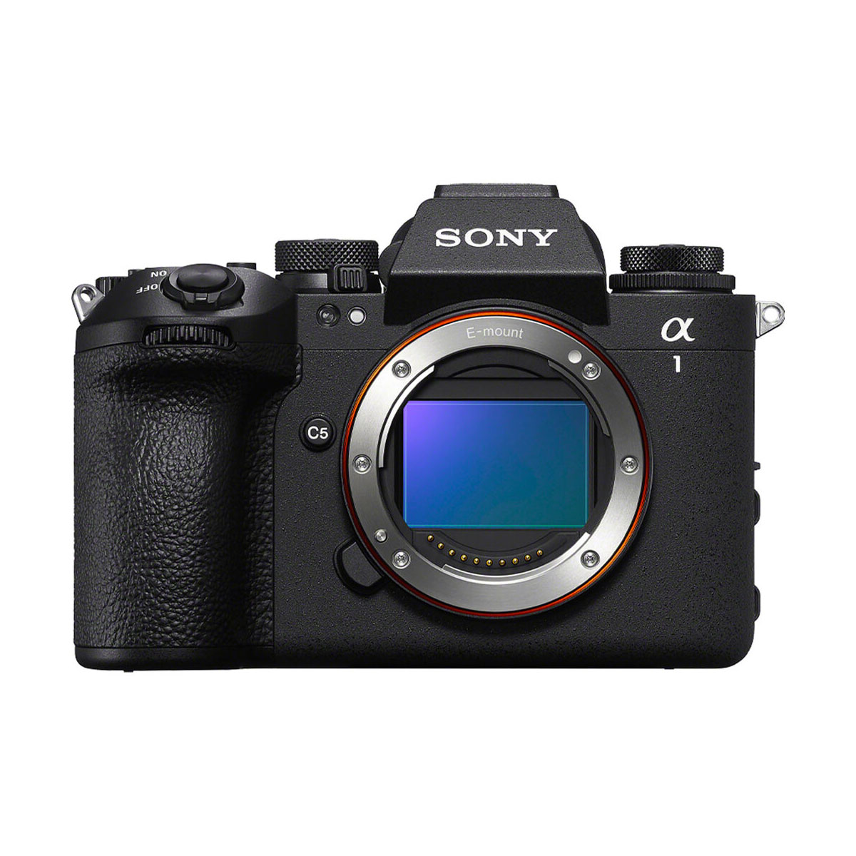 The front view of the body of the Sony A1 II system camera shows its sensor, E-mount and control dials without the lens attached.