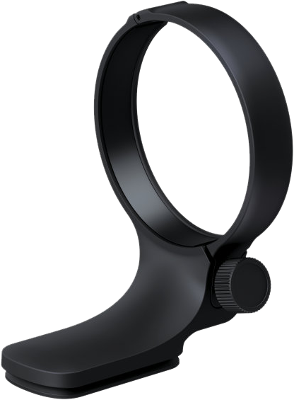 The Tamron Tripod Mount Ring for 50-400mm and 100-400mm Lenses is a black, round metal tripod with a flat base and adjustable screw knob, designed to hold the lens upright.