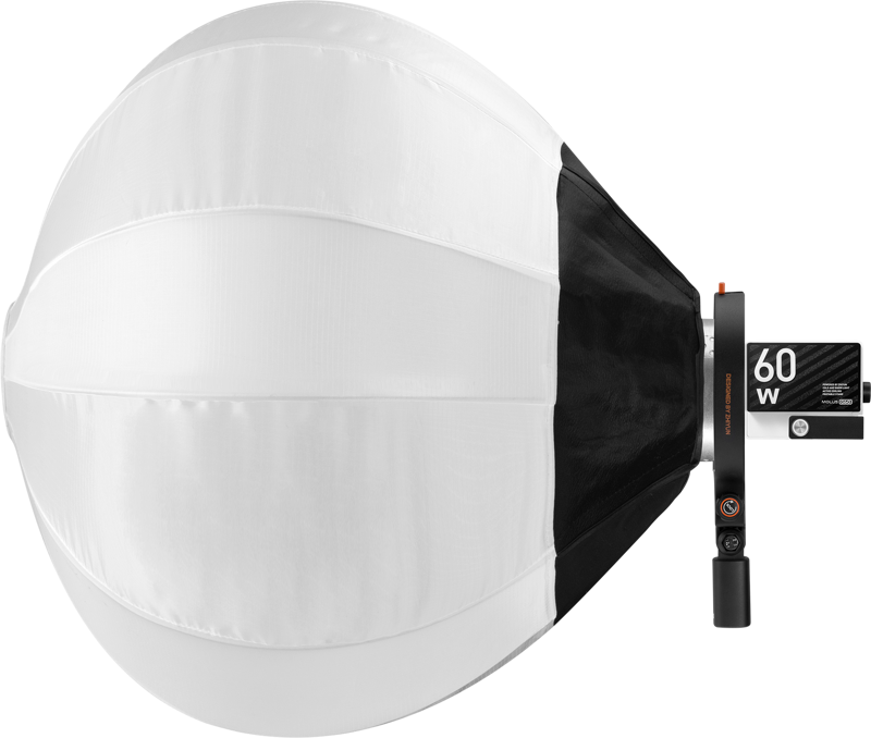 Zhiyun Softbox Lantern 85cm (Bowens Mount) on pyöreä, valkoinen ja musta softbox-valo valokuvaukseen tai videokuvaukseen, jossa on digitaalinen näyttö, joka näyttää 60W sen kiinnitetyssä ohjausyksikössä.