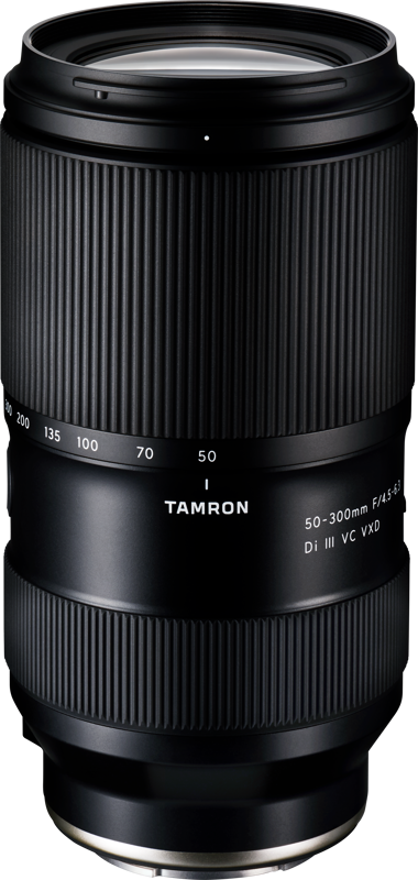 The black Tamron 50-300mm F/4.5-6.3 Di III VC VXD lens, Sony E, stands upright against a white background and features zoom and focus rings with clear focal length markings.