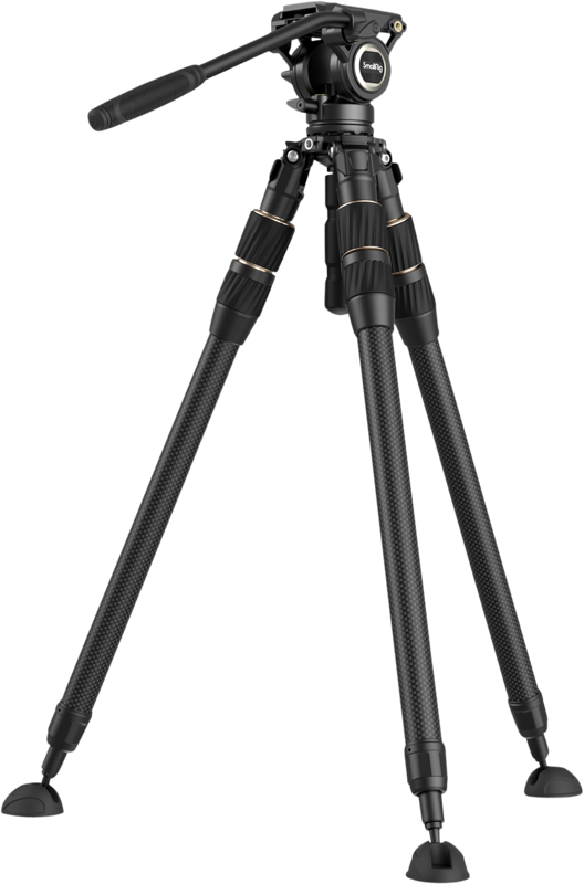 The SmallRig 4643 Carbon Fiber Tripod Kit with Head FT-S303 is a black professional tripod with three adjustable legs, a liquid head and a handle for smooth pan shooting.