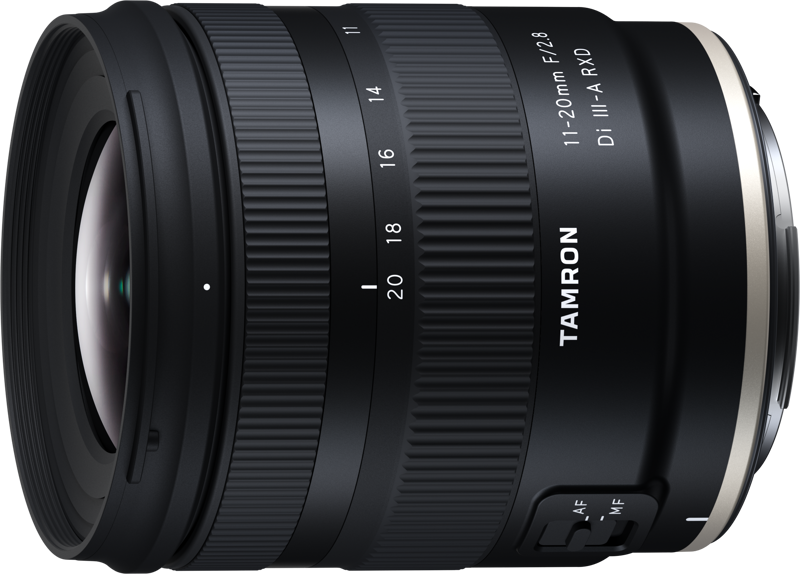 Close-up of the Tamron 11-20mm F/2.8 Di III-A RXD lens, Canon RF, highlighting the zoom and focus rings, AF/MF switch and detailed branding on the lens barrel.